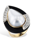 Mother of Pearl And Onyx 14K Yellow Gold Pave Diamond Estate Ring Rings Estate & Vintage