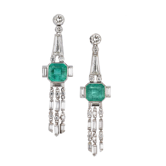 Platinum Diamond Deco Emerald Earrings Earrings Curated by H