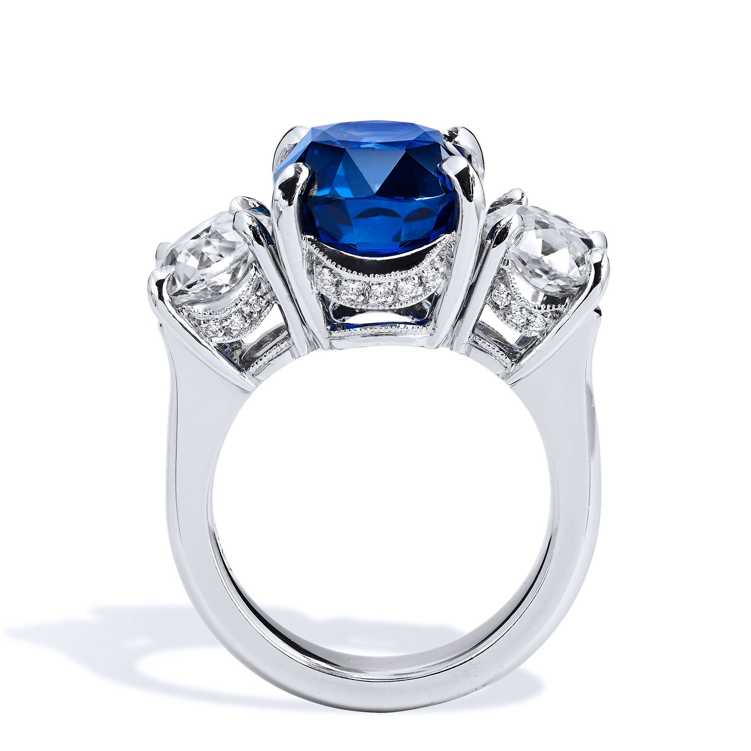 10.16ct Royal Deep Blue Sapphire and Antique Cushion Diamond Ring Rings H&amp;H Jewels