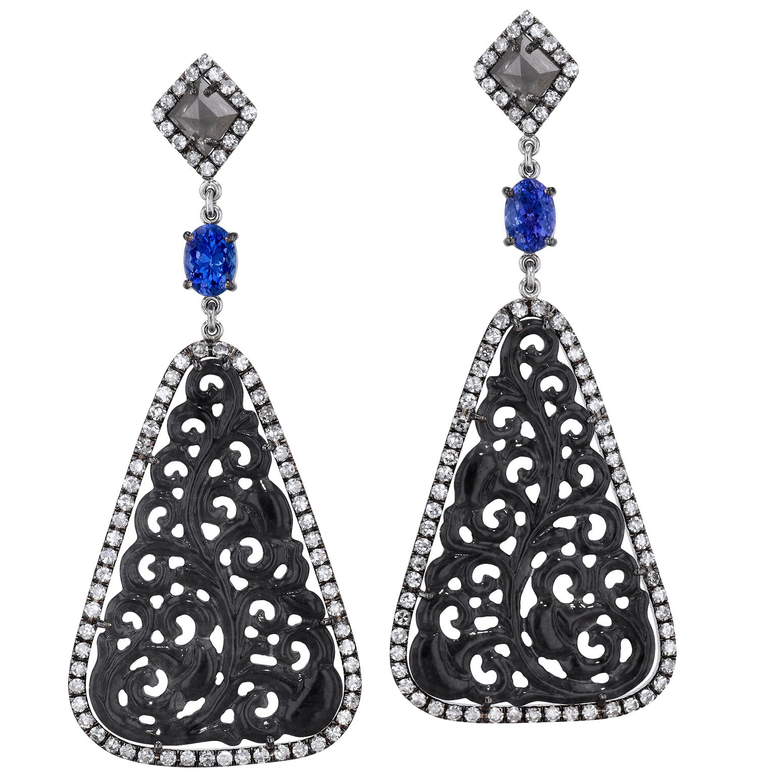 Anthracite Hue Jadeite Slice Drop Earrings with Tanzanite Gems and Diamond Pave Earrings H&amp;H Jewels