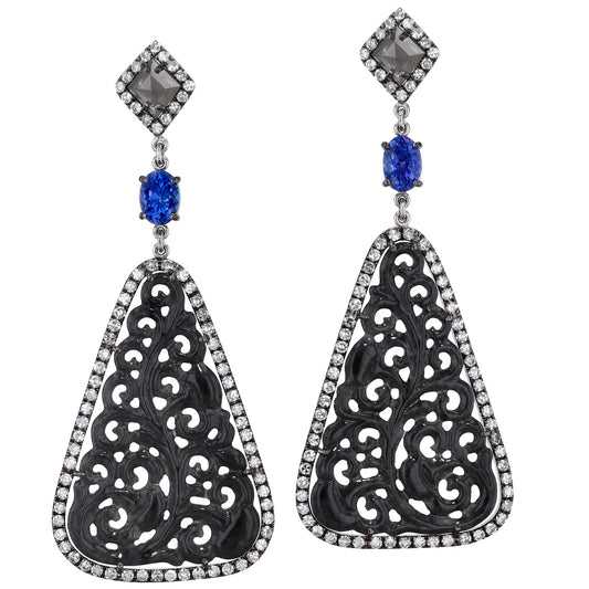 Anthracite Hue Jadeite Slice Drop Earrings with Tanzanite Gems and Diamond Pave Earrings H&H Jewels