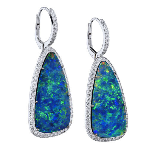 Boulder Opal Slice Diamond Earrings  H&amp;H Jewels