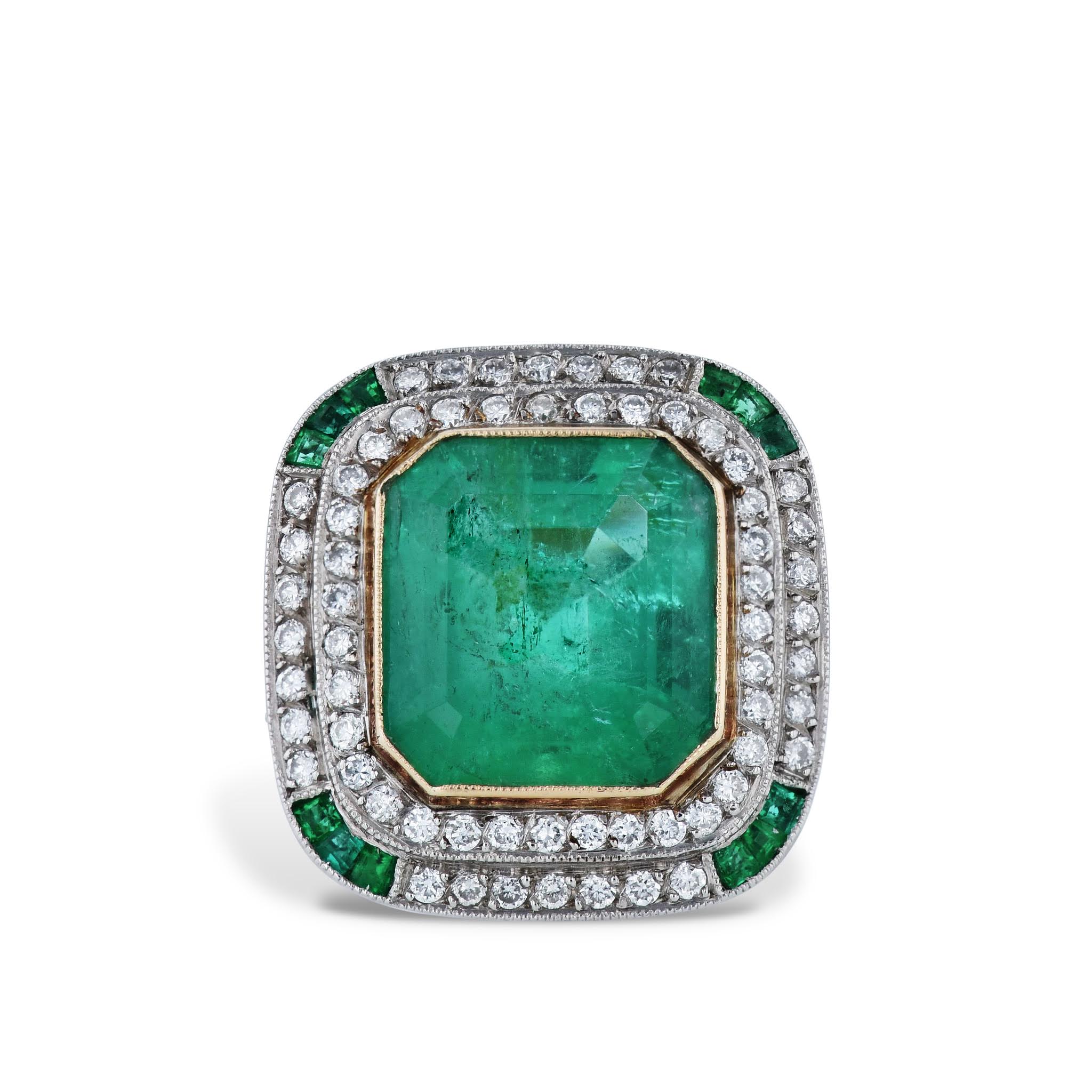 7.44 Carat Colombian Emerald Gold &amp; Platinum Cocktail Ring Rings Estate &amp; Vintage