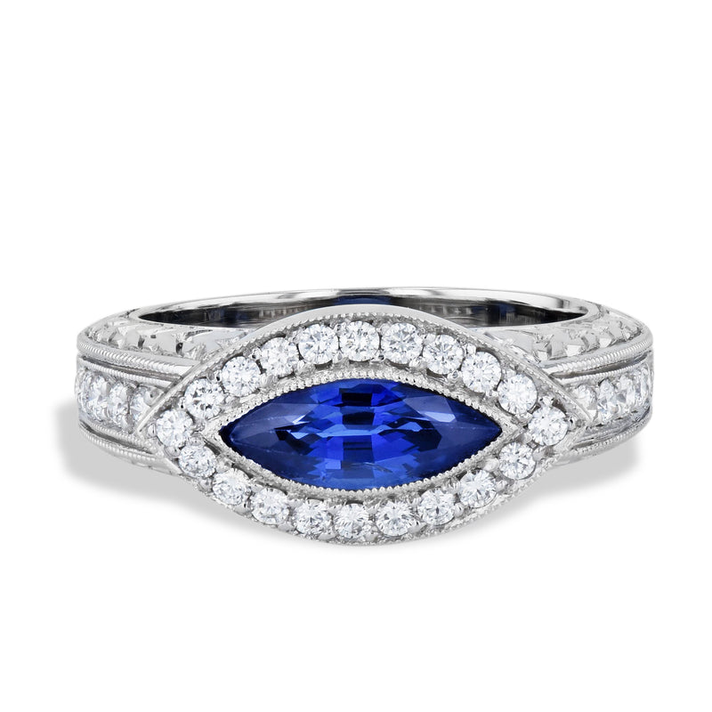 Retro Antique Marquise Blue Sapphire Pave Diamond Platinum Ring Rings H&H Jewels