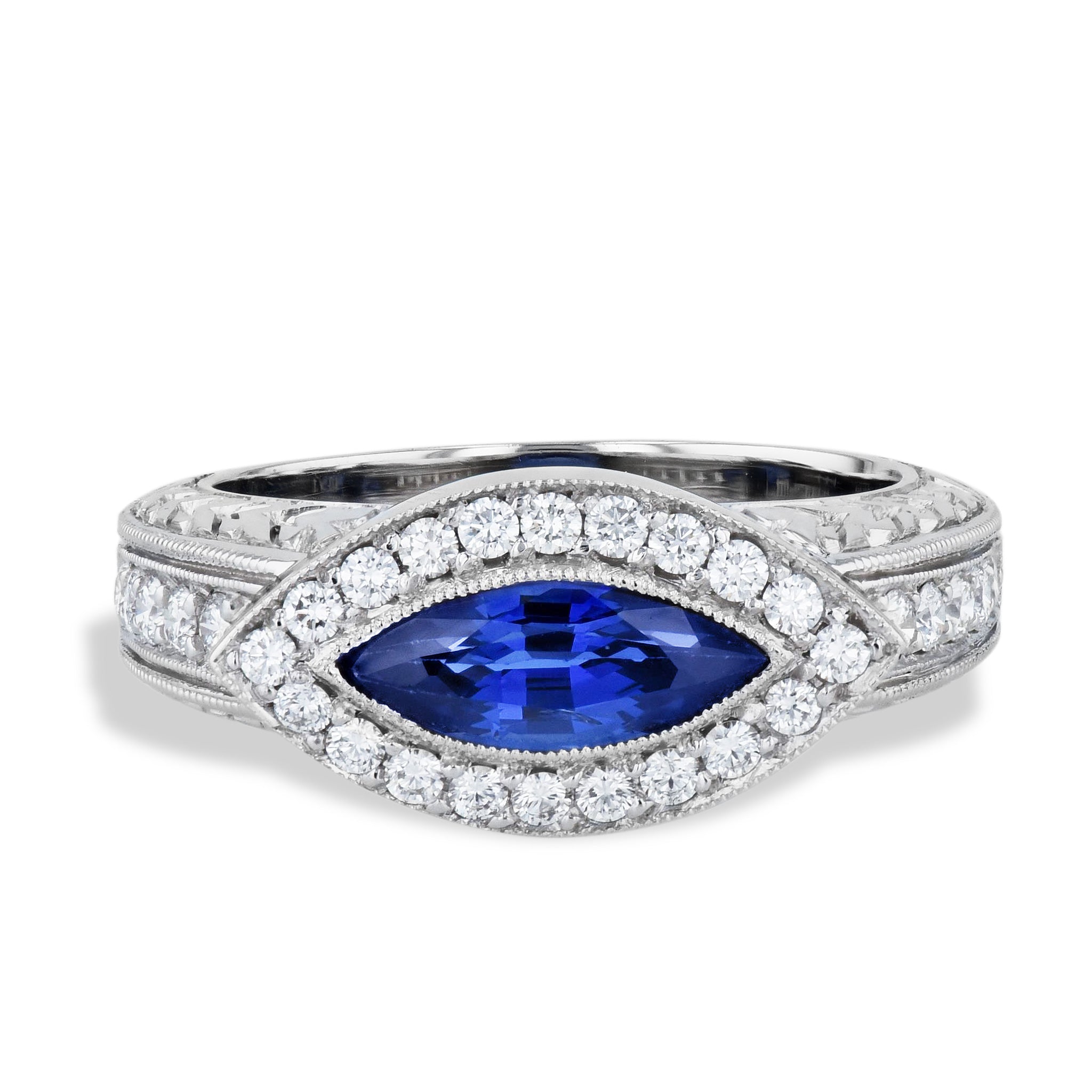 Retro Antique Marquise Blue Sapphire Pave Diamond Platinum Ring Rings H&amp;H Jewels