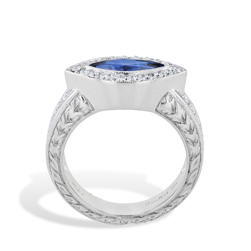 Retro Antique Marquise Blue Sapphire Pave Diamond Platinum Ring Rings H&H Jewels