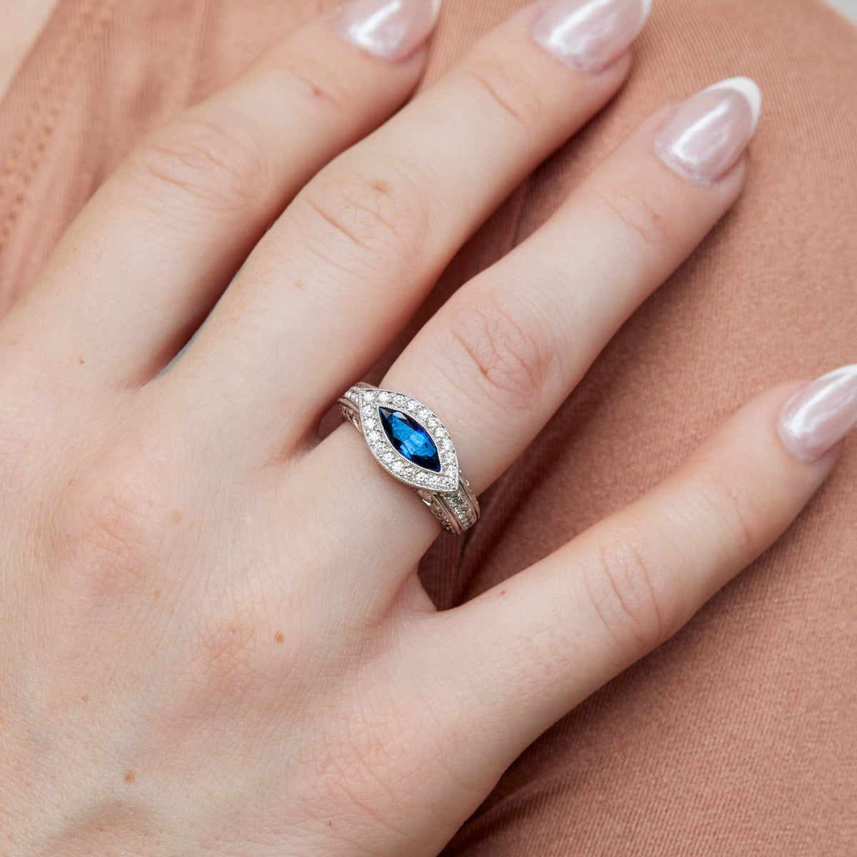 Retro Antique Marquise Blue Sapphire Pave Diamond Platinum Ring - Alternate View 2