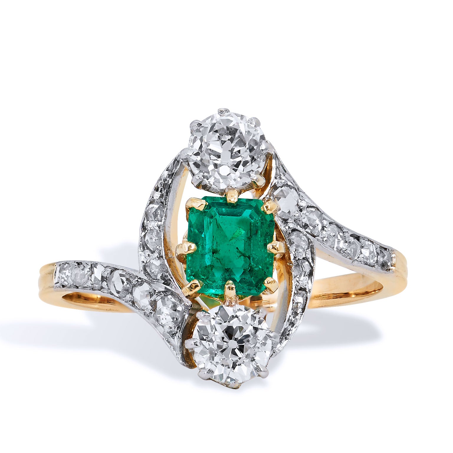 Emerald Diamond Yellow Gold Platinum Bypass Shank Ring Rings Estate &amp; Vintage