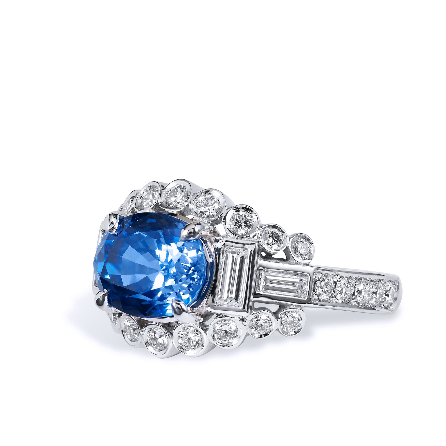 3.74 Carat Oval Ceylon Blue Sapphire And Diamond Ring Rings H&amp;H Jewels