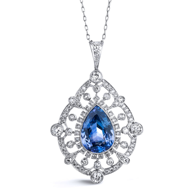 9.83 Carat Edwardian Sapphire and Diamond Pendant Pendants Estate & Vintage