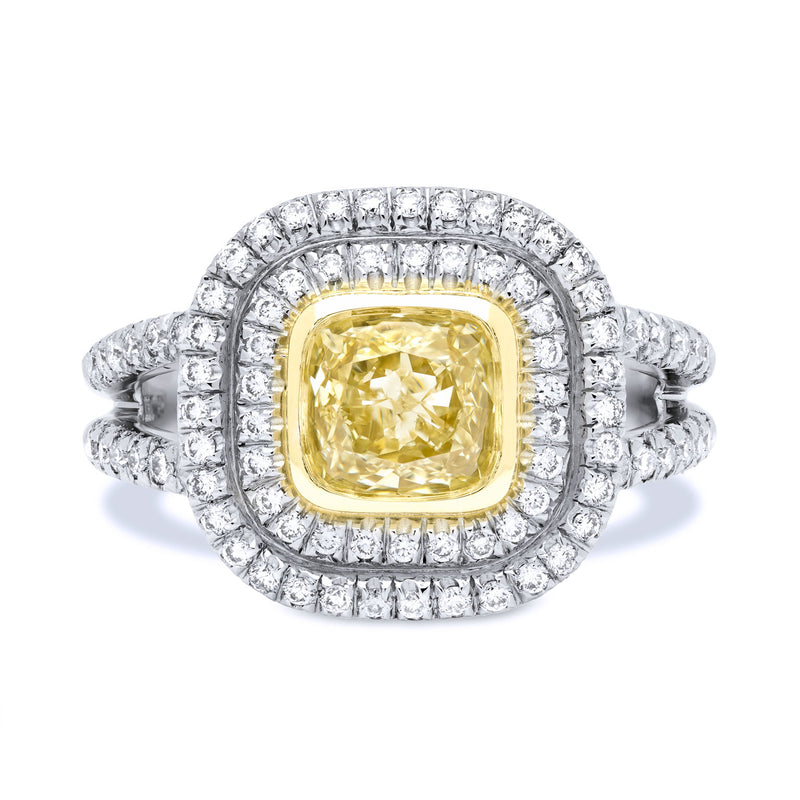 1.03 Carat Fancy Yellow Cushion Cut Diamond And Pave Diamond Gold Ring Rings H&H Jewels