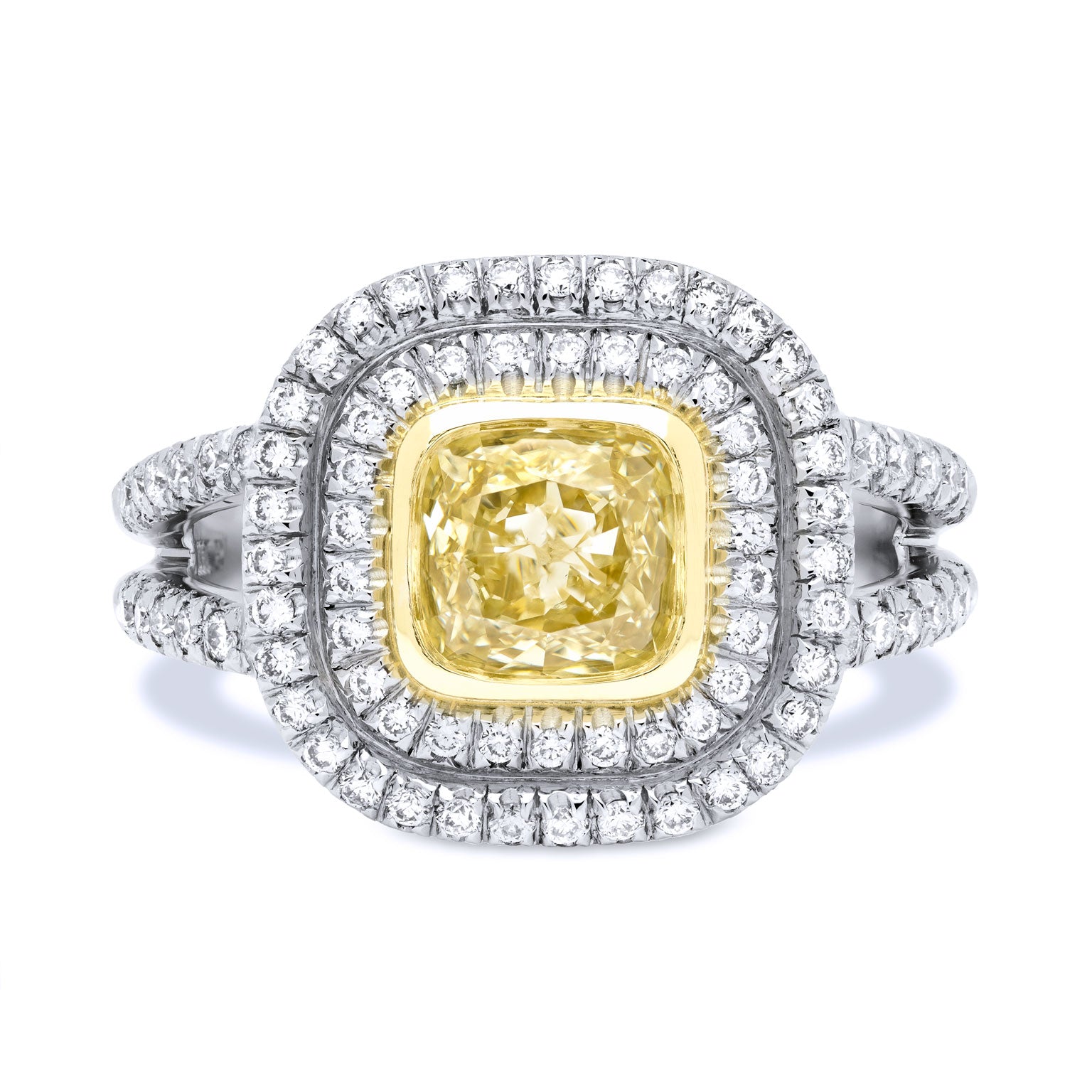 1.03 Carat Fancy Yellow Cushion Cut Diamond And Pave Diamond Gold Ring Rings H&amp;H Jewels