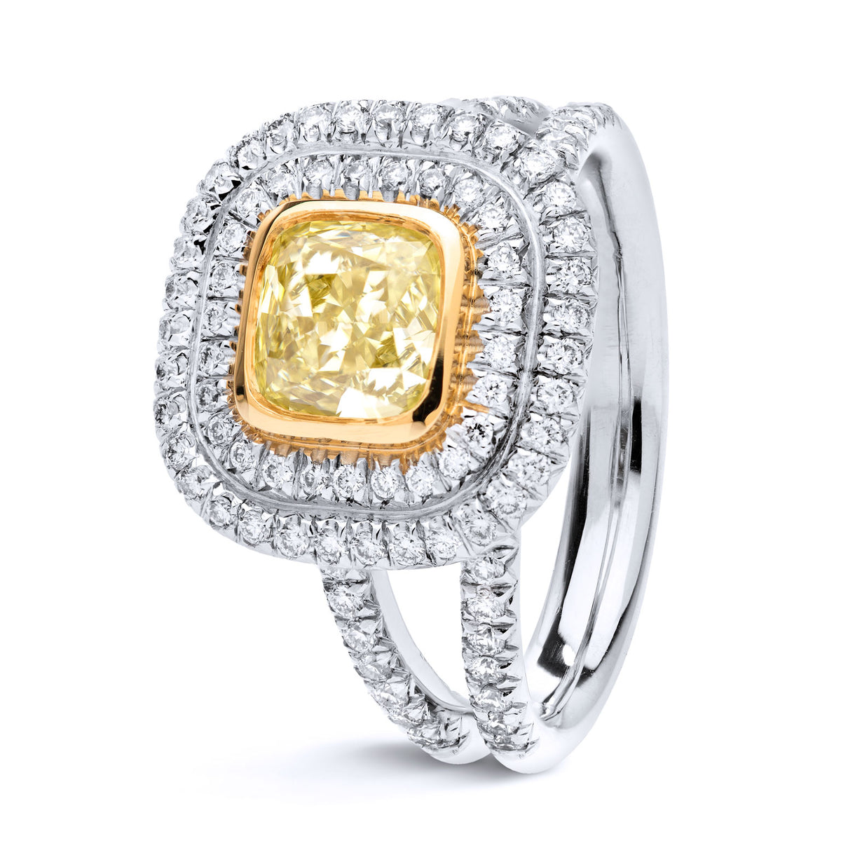 1.03 Carat Fancy Yellow Cushion Cut Diamond And Pave Diamond Gold Ring - Alternate View 1