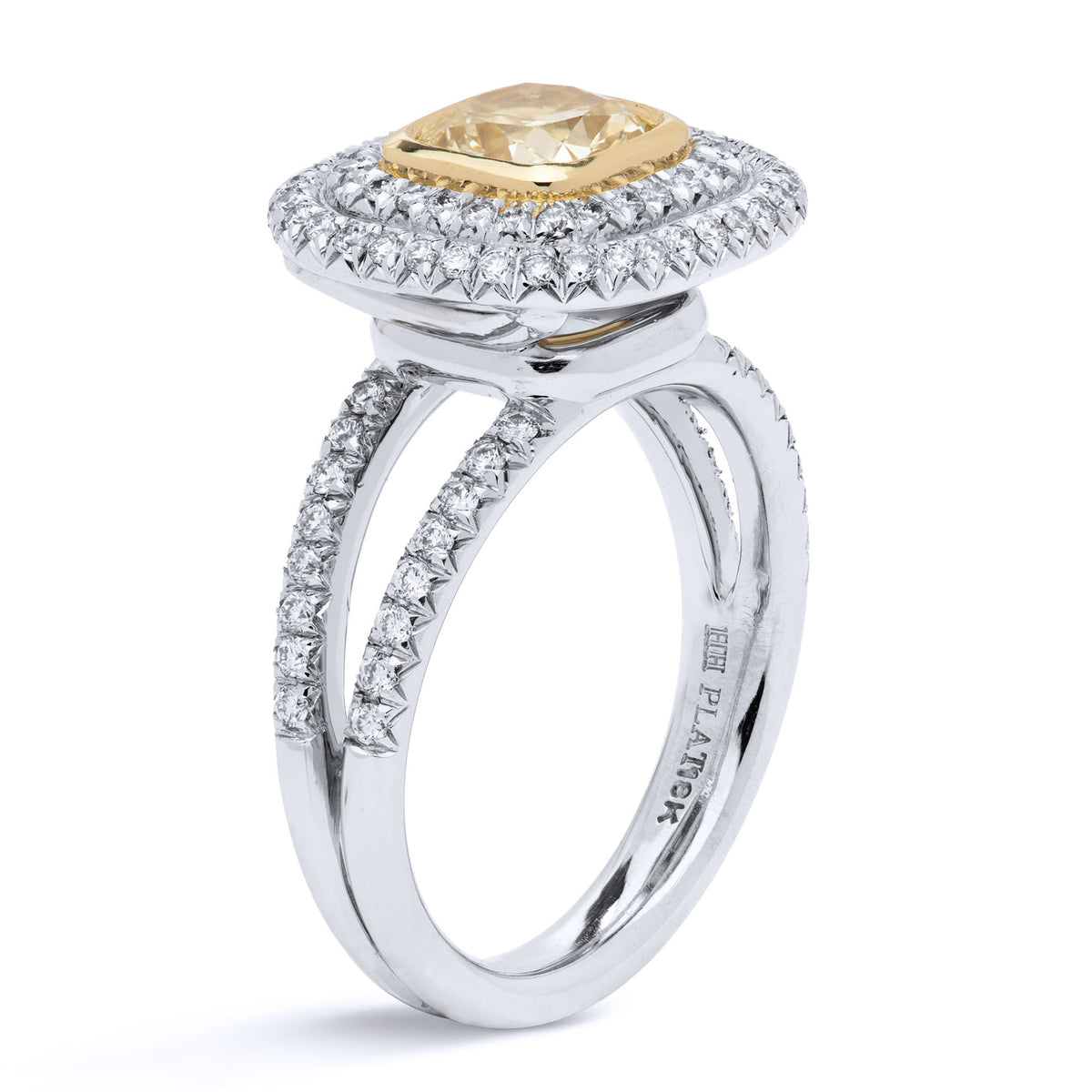 1.03 Carat Fancy Yellow Cushion Cut Diamond And Pave Diamond Gold Ring - Alternate View 2