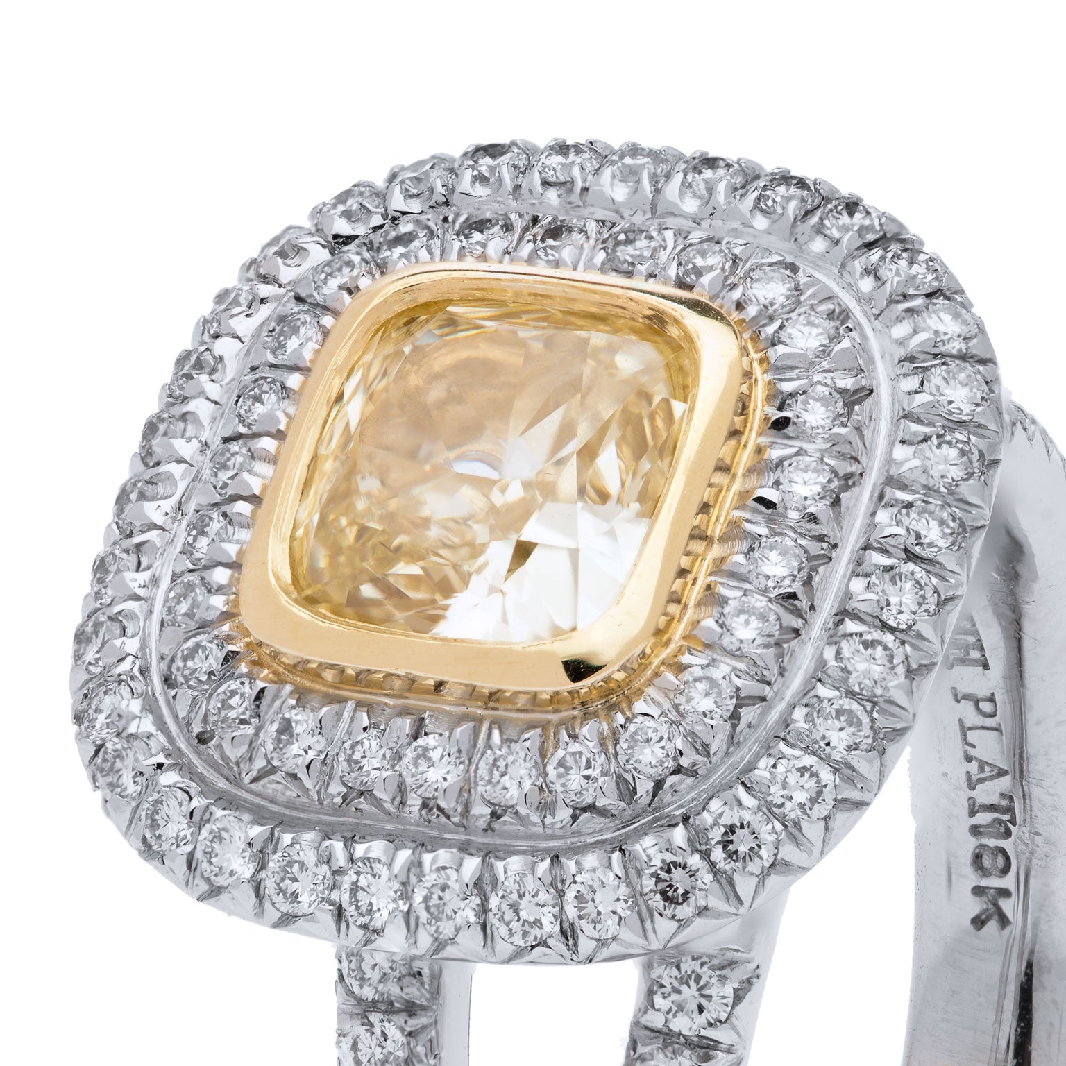 1.03 Carat Fancy Yellow Cushion Cut Diamond And Pave Diamond Gold Ring Rings H&amp;H Jewels