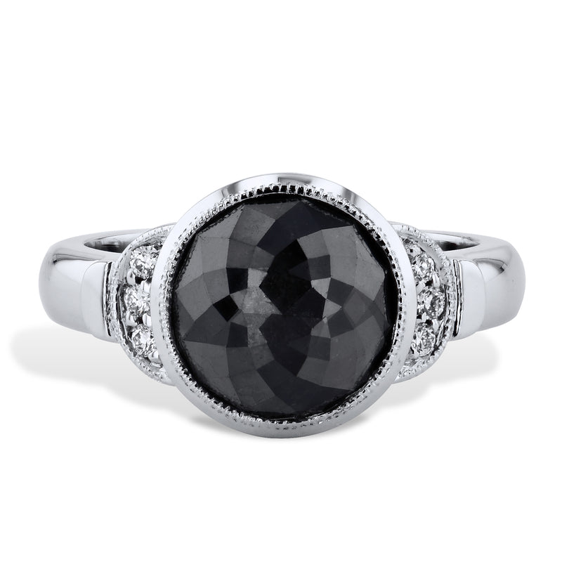 Rose Cut Round Black Diamond Pave White Gold Ring Rings H&H Jewels