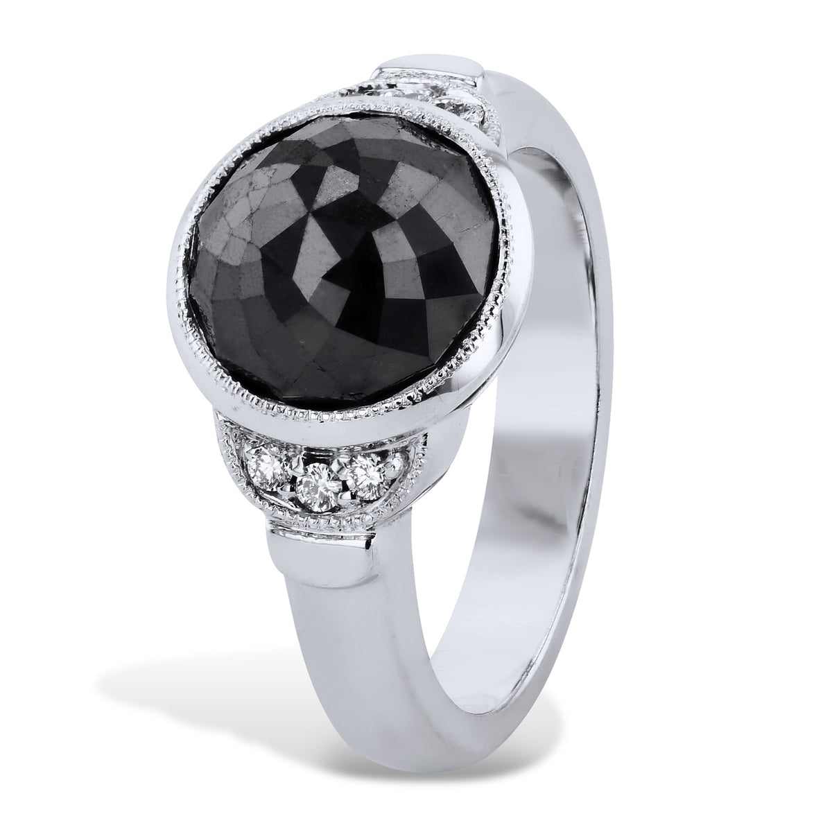 Rose Cut Round Black Diamond Pave White Gold Ring - Alternate View 2