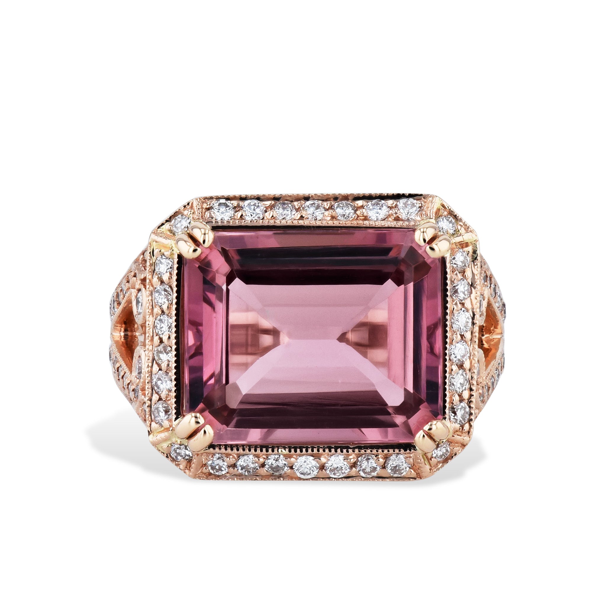 Emerald Cut Pink Tourmaline Diamond Rose Gold Ring Rings H&amp;H Jewels