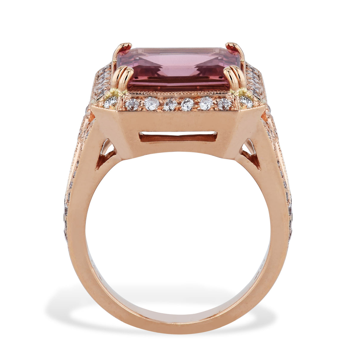 Emerald Cut Pink Tourmaline Diamond Rose Gold Ring - Alternate View 1