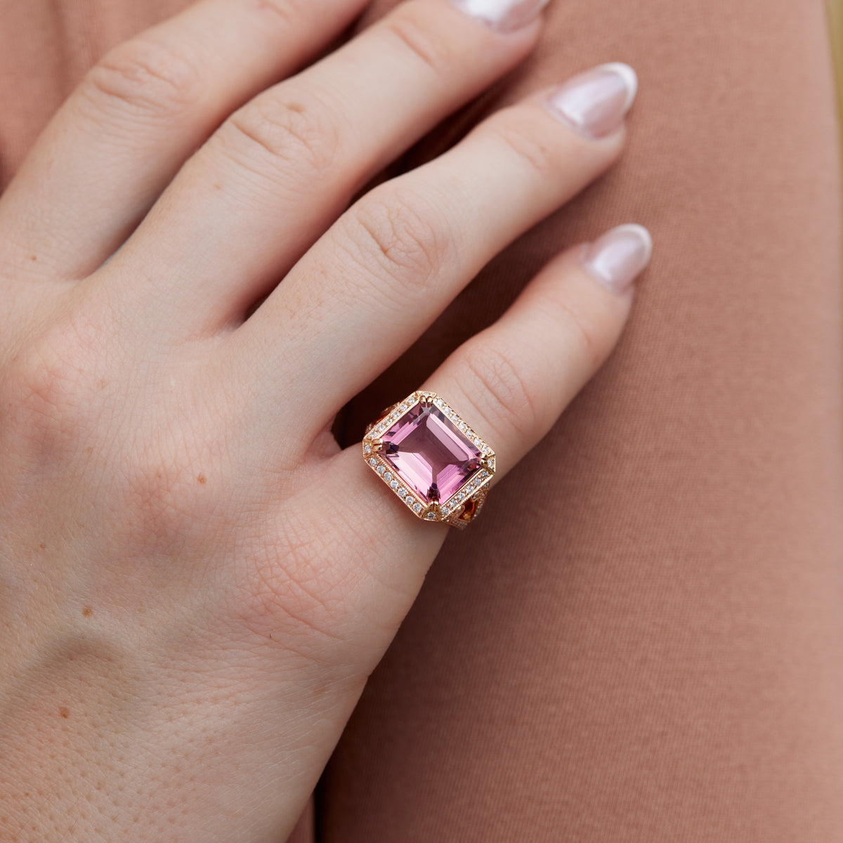 Emerald Cut Pink Tourmaline Diamond Rose Gold Ring - Alternate View 2