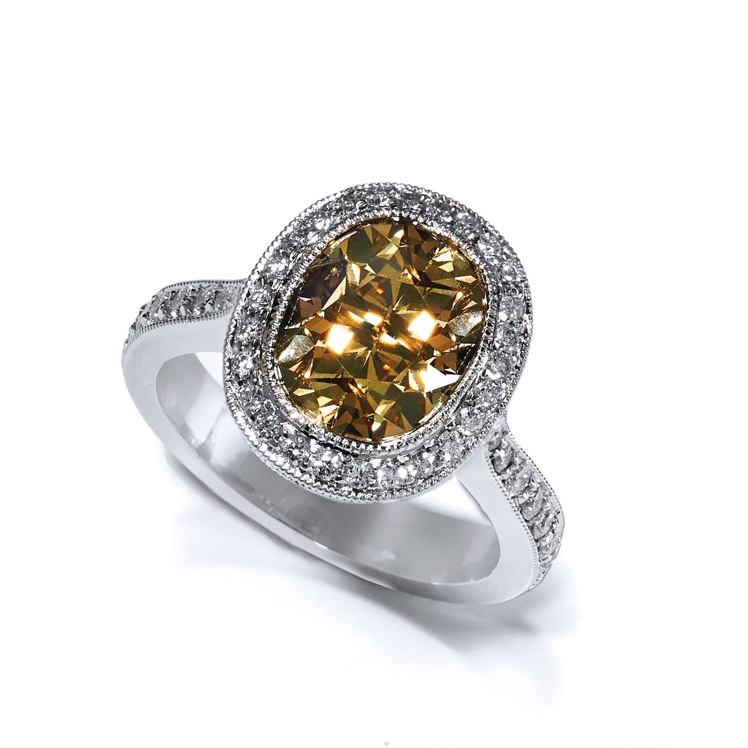 4.03ct Fancy Yellow Brown Diamond Platinum Engagement Ring Rings H&amp;H Jewels