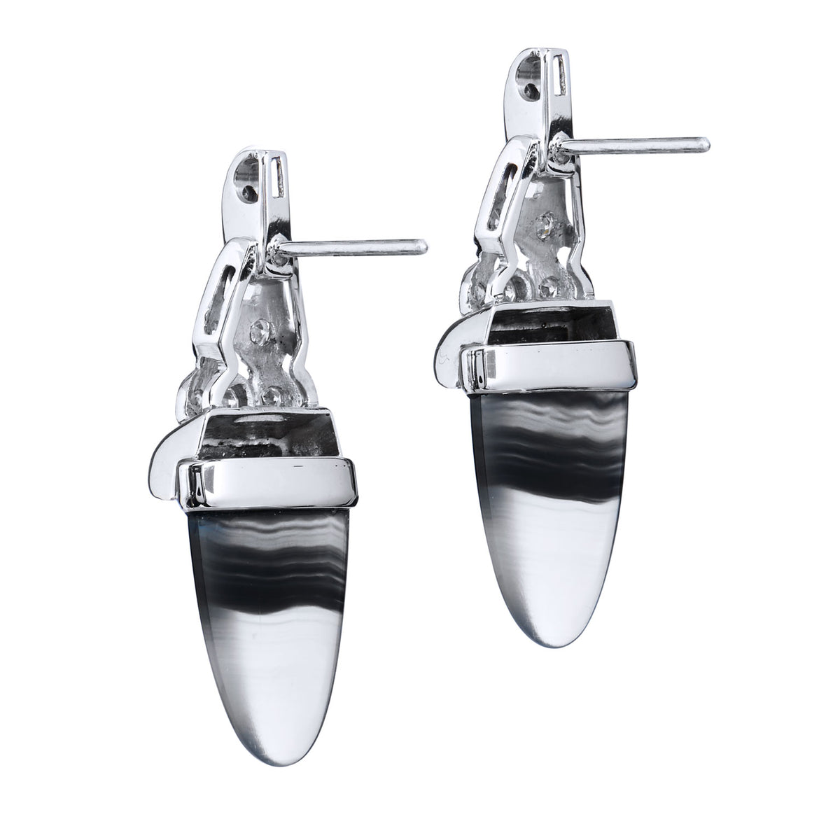 Tongue Cut Banded Agate Platinum Earrings - Alternate View 1