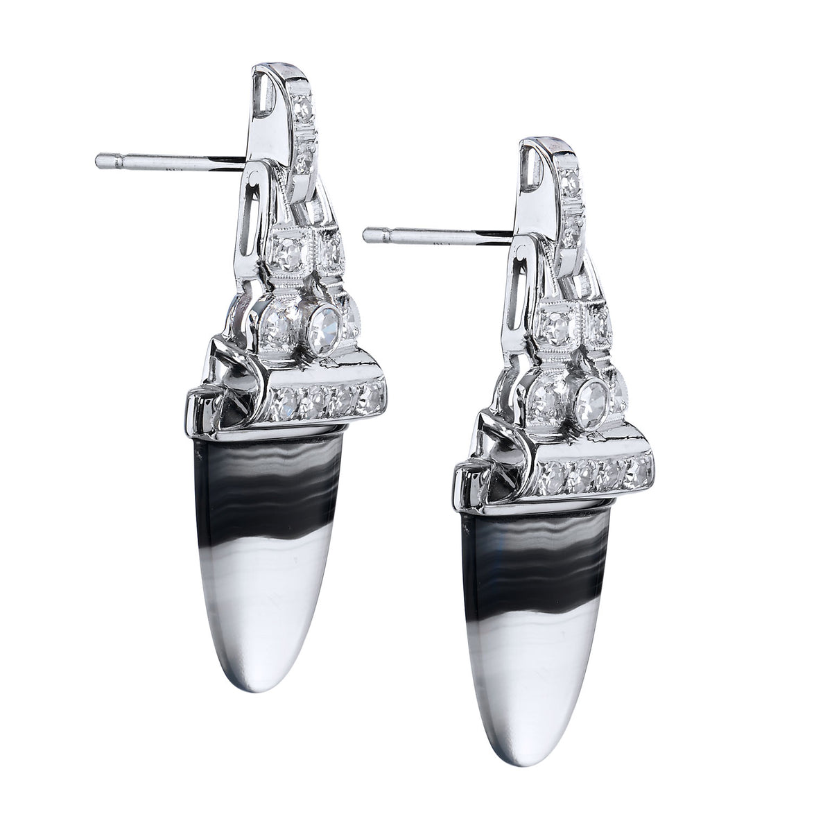 Tongue Cut Banded Agate Platinum Earrings - Alternate View 2