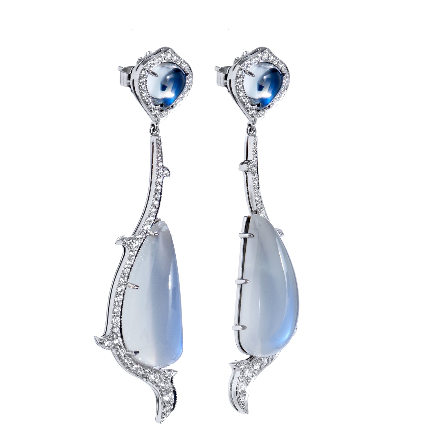 18kt White Gold Moonstone and Diamond Drop Earrings Earrings H&amp;H Jewels
