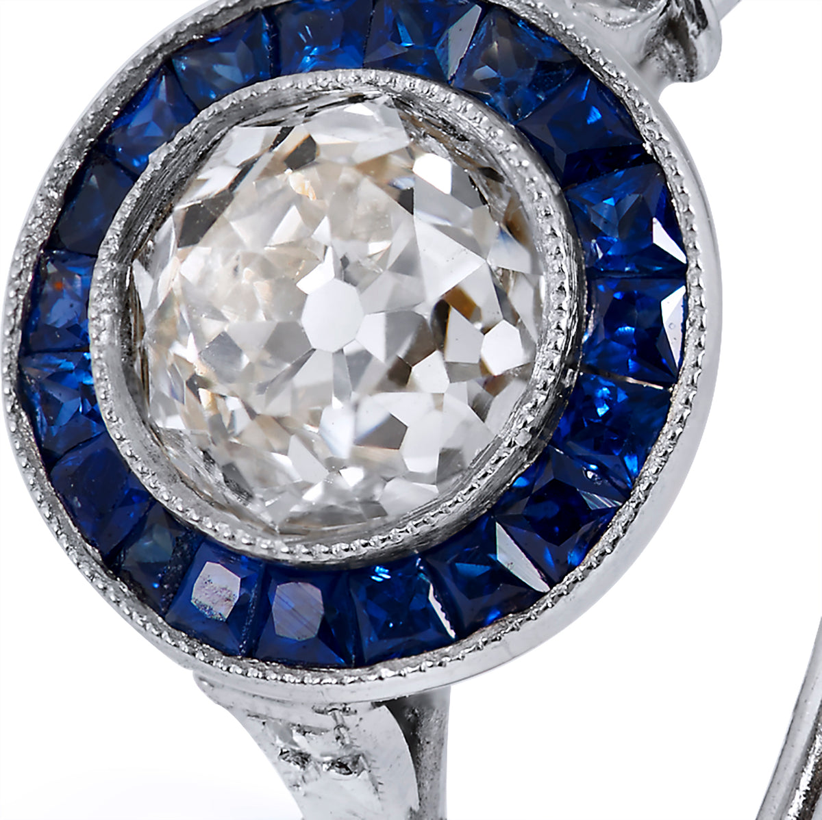1.16 Carat Old European Cut Diamond Sapphire Platinum Ring - Alternate View 3