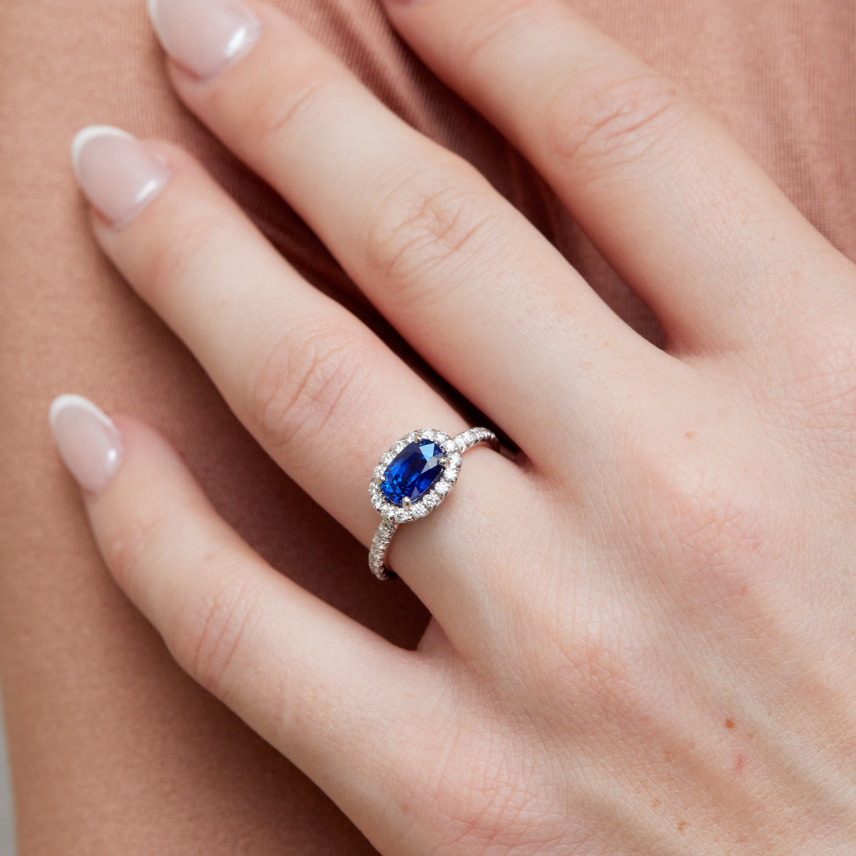 Royal Blue Oval Sapphire Pave Diamond White Gold Ring