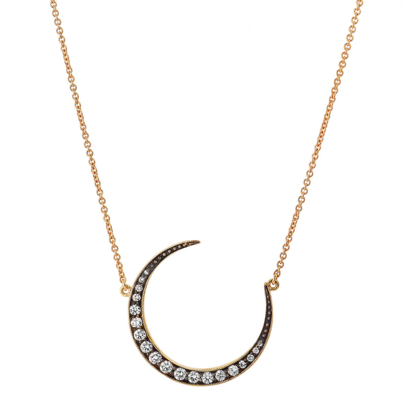 18 Karat Yellow Gold 0.43 Carat Diamond Pave Crescent Moon Pendant Necklace Necklaces H&H Jewels