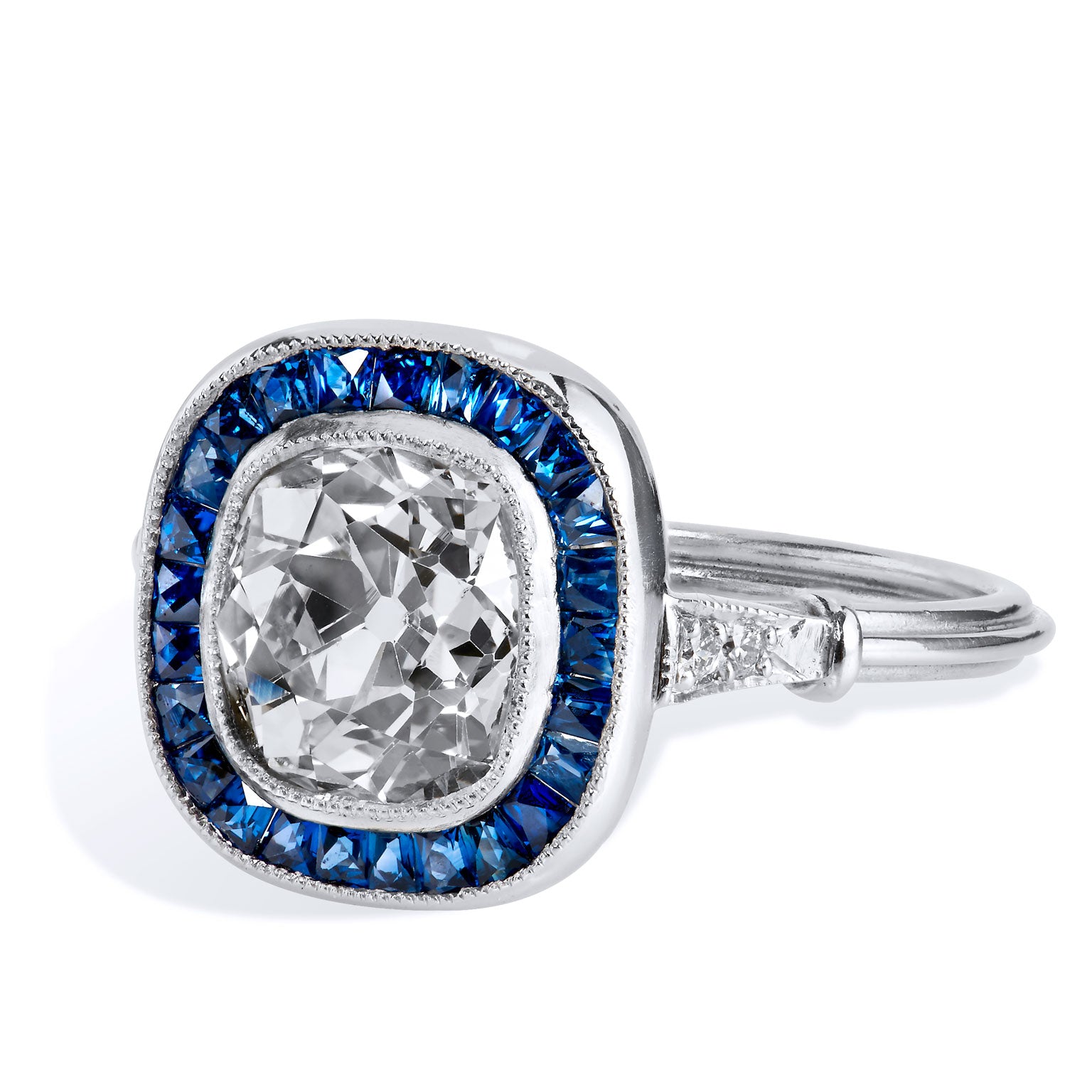 1.96 Carat Old Mine Cushion Cut Diamond and Sapphire Engagement Ring Rings Estate &amp; Vintage