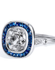 1.96 Carat Old Mine Cushion Cut Diamond and Sapphire Engagement Ring Rings Estate & Vintage