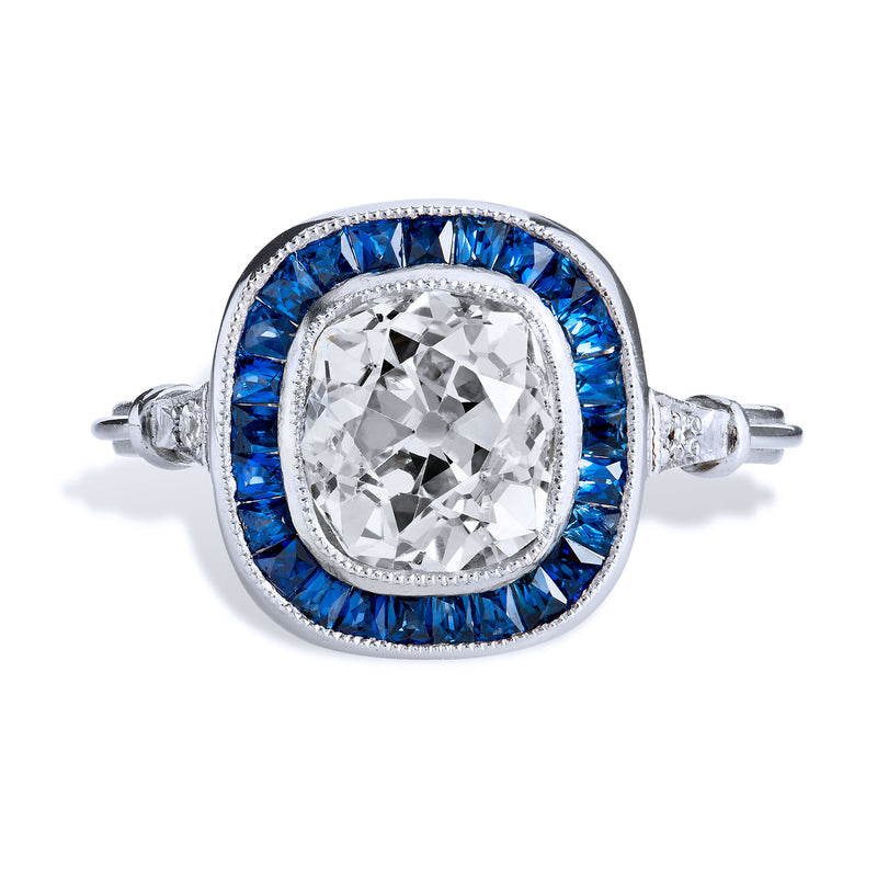1.96 Carat Old Mine Cushion Cut Diamond and Sapphire Engagement Ring Rings Estate & Vintage