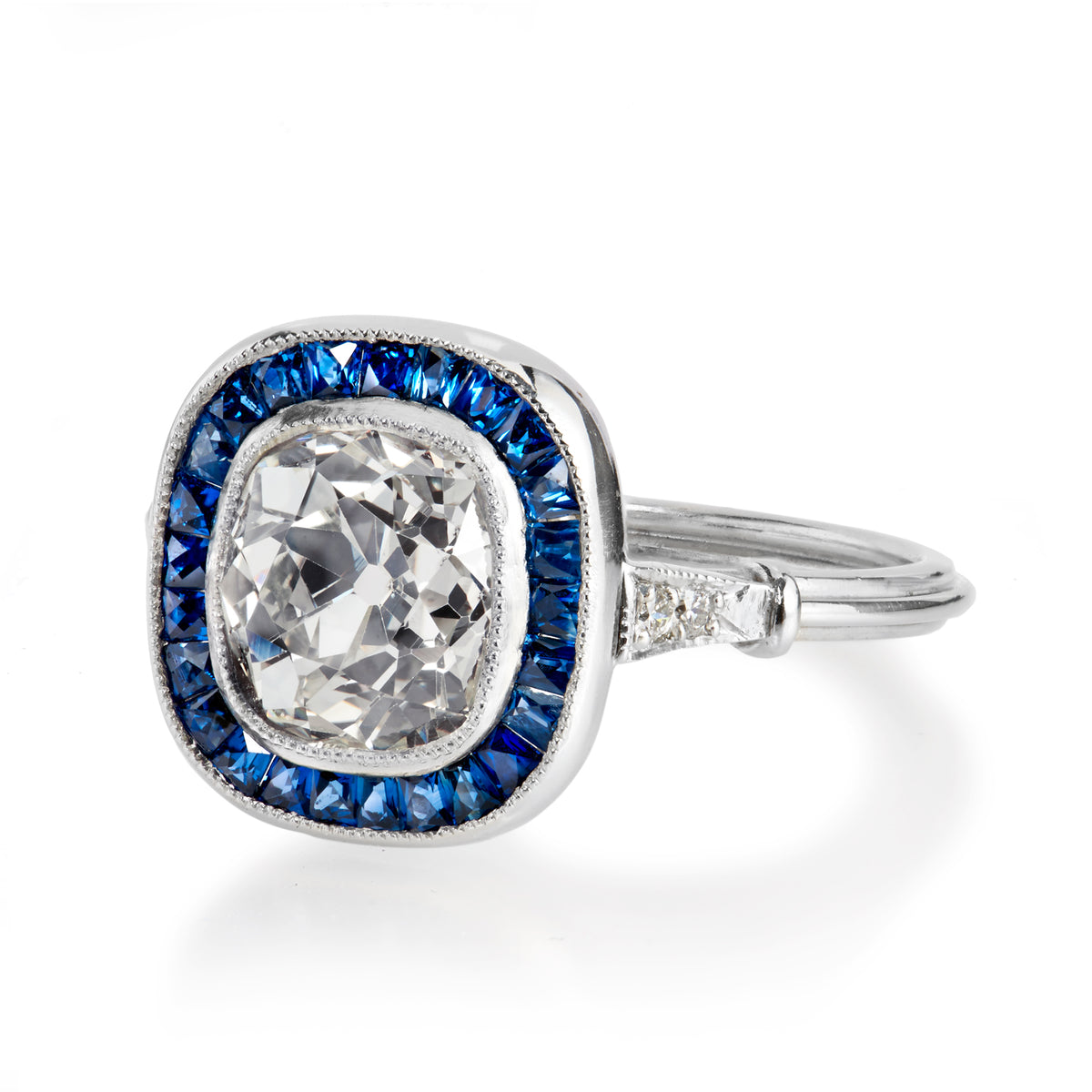 1.96 Carat Old Mine Cushion Cut Diamond and Sapphire Engagement Ring - Alternate View 3