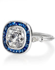 1.96 Carat Old Mine Cushion Cut Diamond and Sapphire Engagement Ring Rings Estate & Vintage