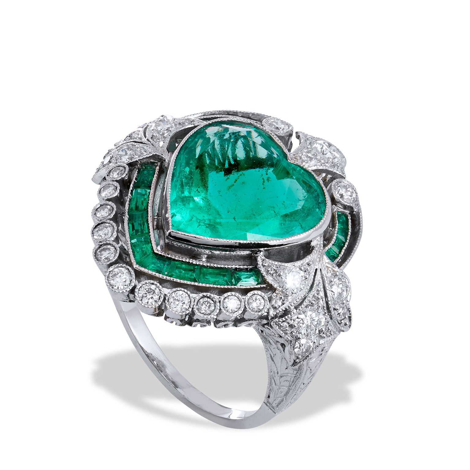 5.87 Carat Heart Shape Colombian Emerald Ring Rings Estate &amp; Vintage