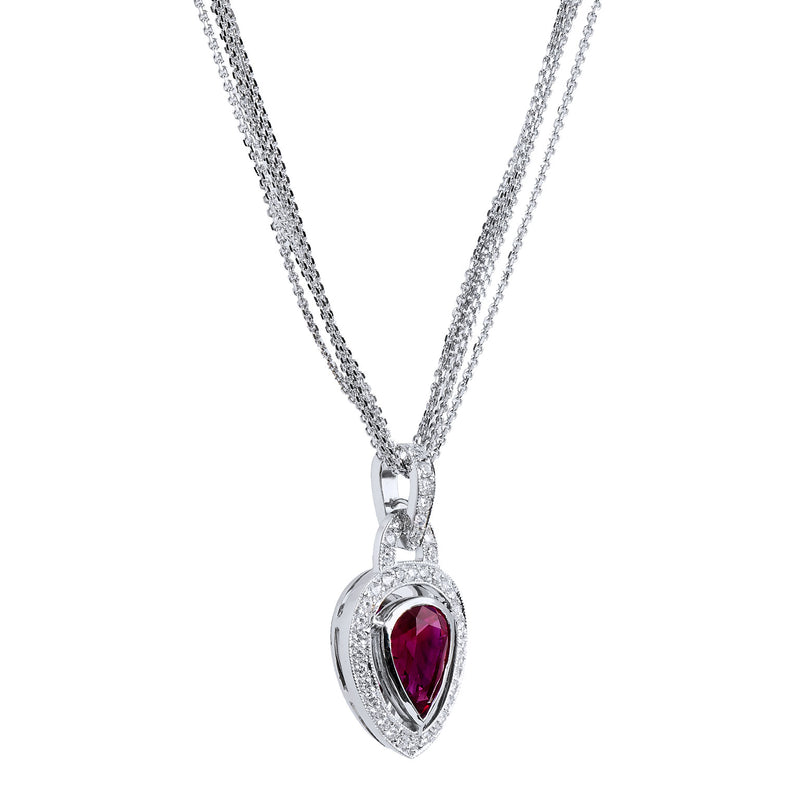 Pear-Shaped Burmese Ruby and Diamond White Gold Pendant Necklace Necklaces H&H Jewels