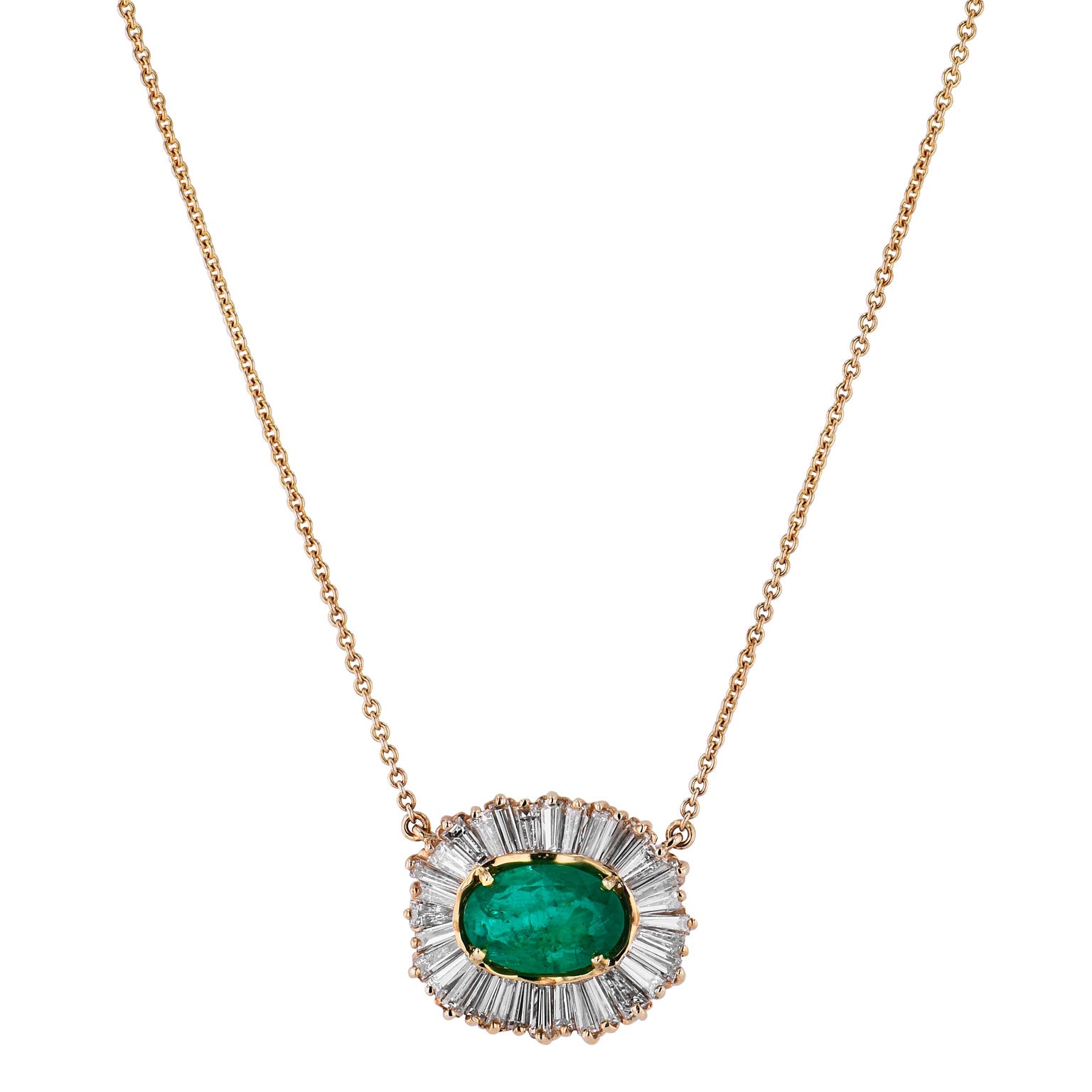 2.81 Carat Oval Emerald And Diamond Baguette Pendant Necklace Necklaces Estate &amp; Vintage
