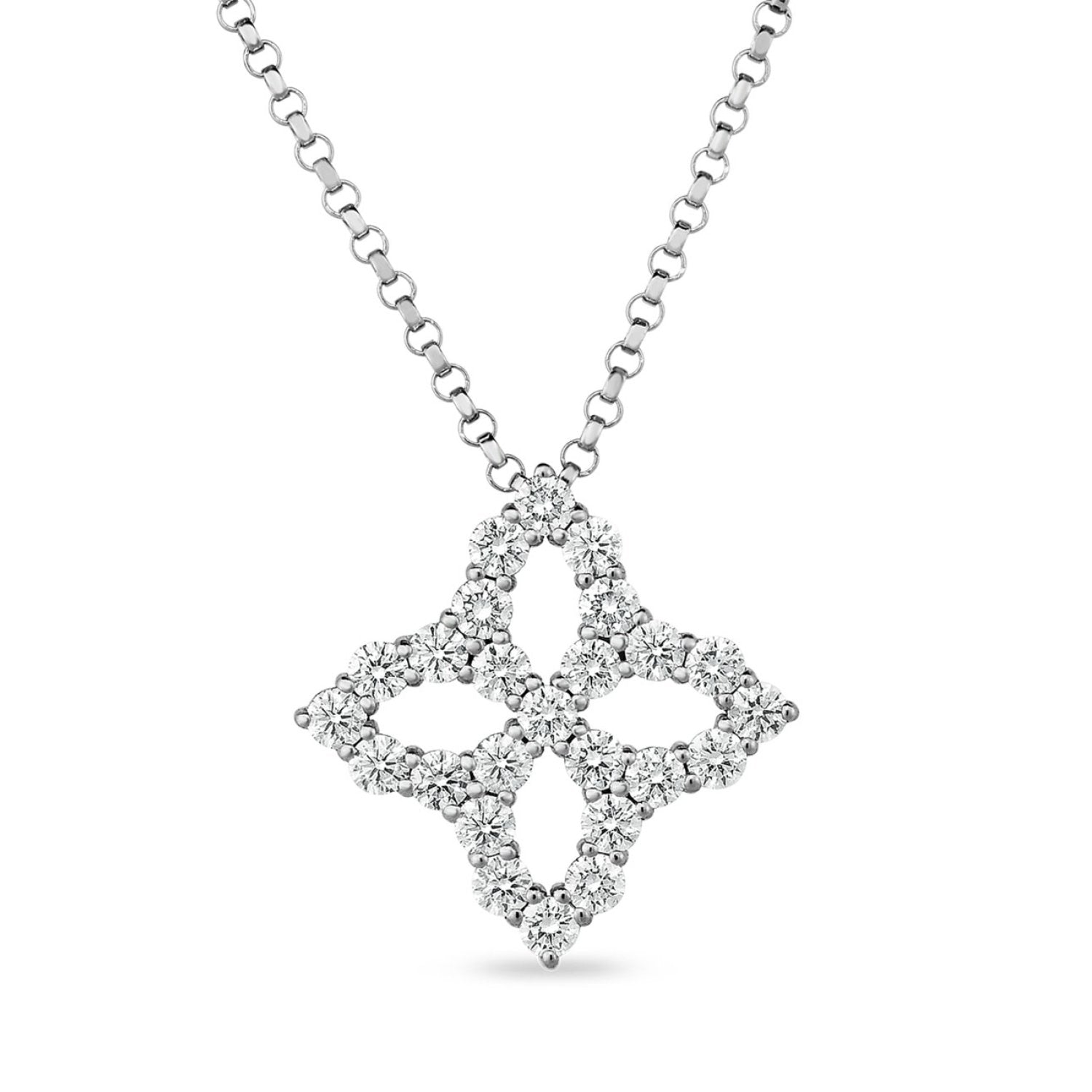 18kt White Gold Diamond Outline Princess Flower Medium Pendant Necklace Necklaces Roberto Coin
