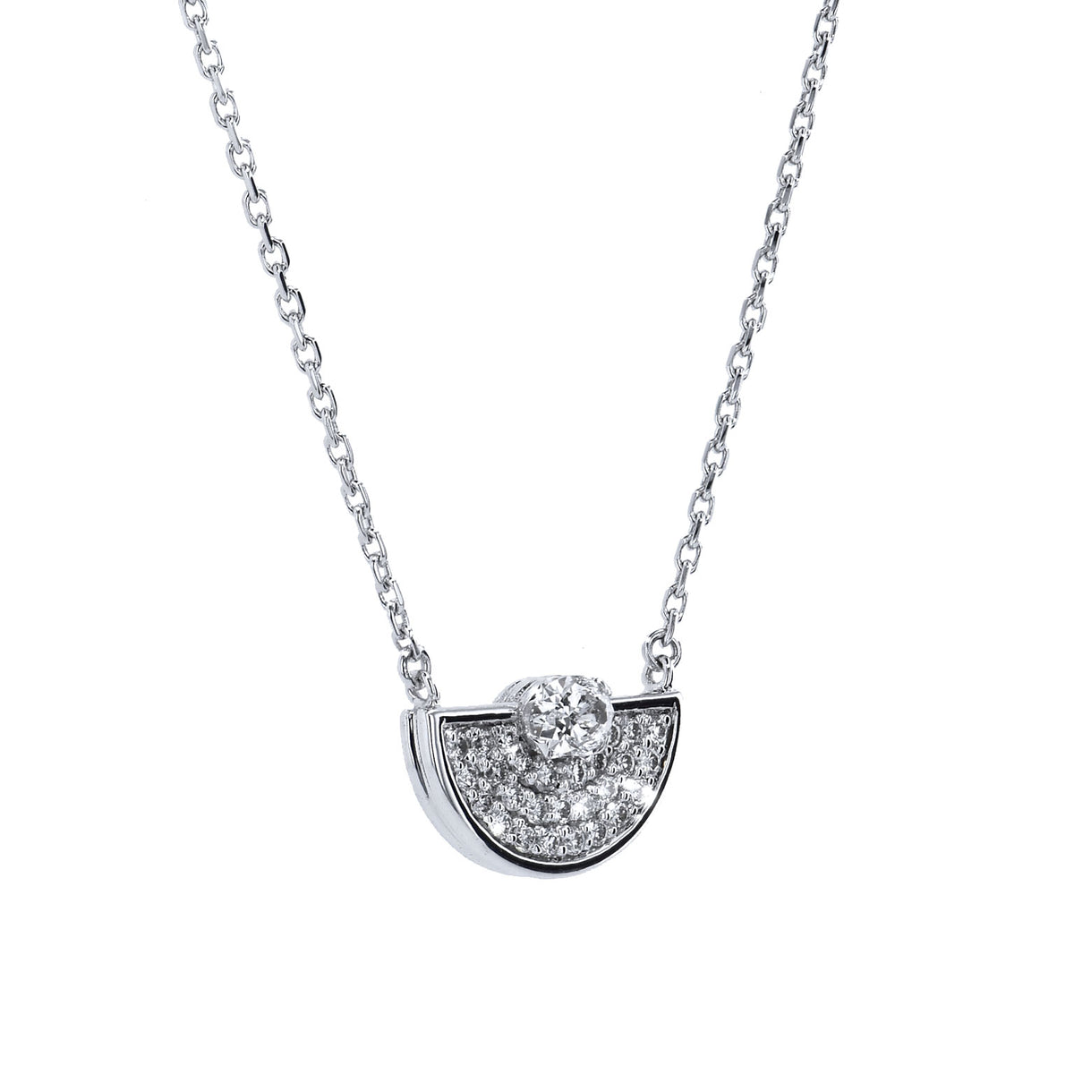 Diamond Half Circle 18 Karat White Gold Pendant Necklace - Alternate View 1