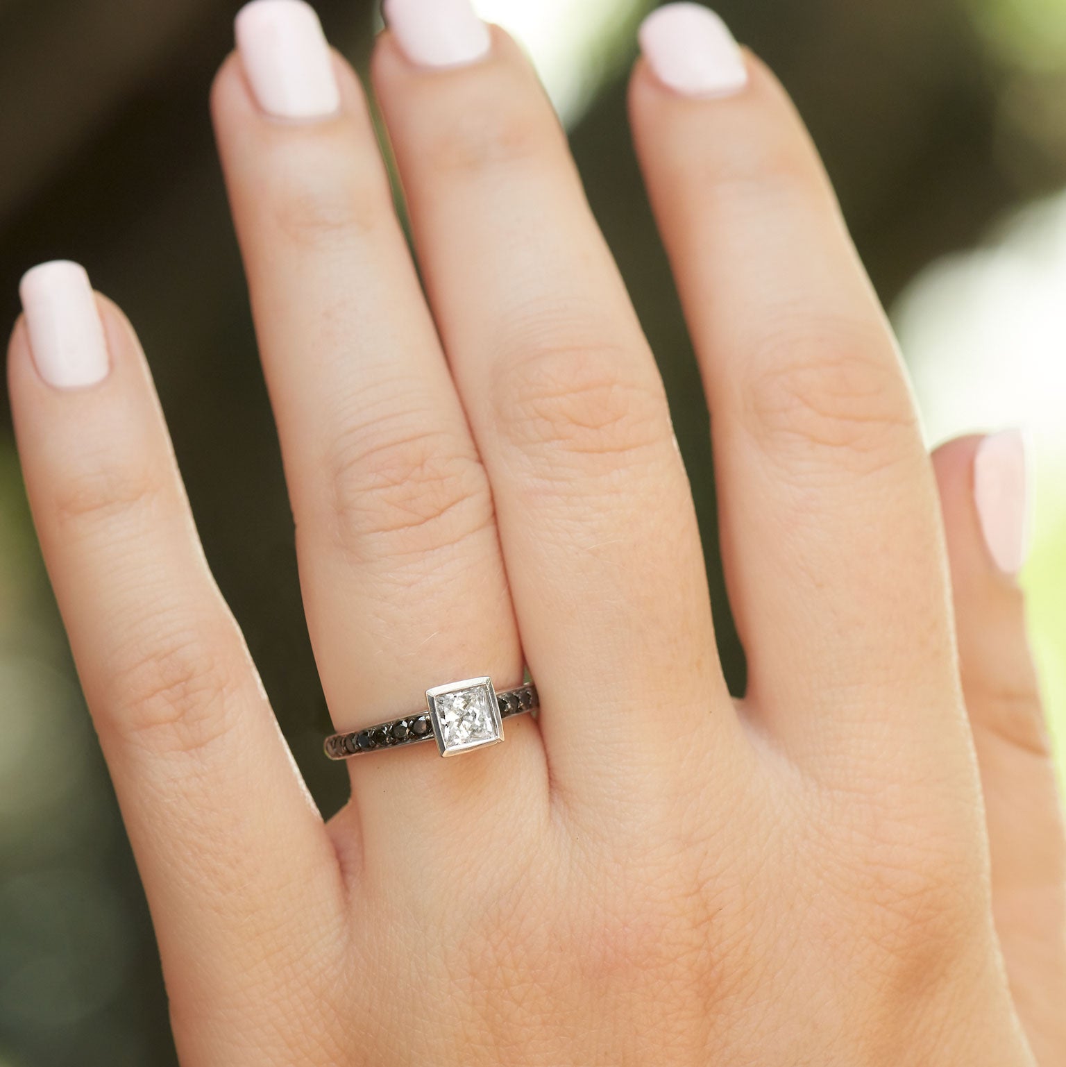 0.58 Carat Princess Cut Diamond With Black Diamond Pave Engagement Ring Engagement Rings H&amp;H Jewels