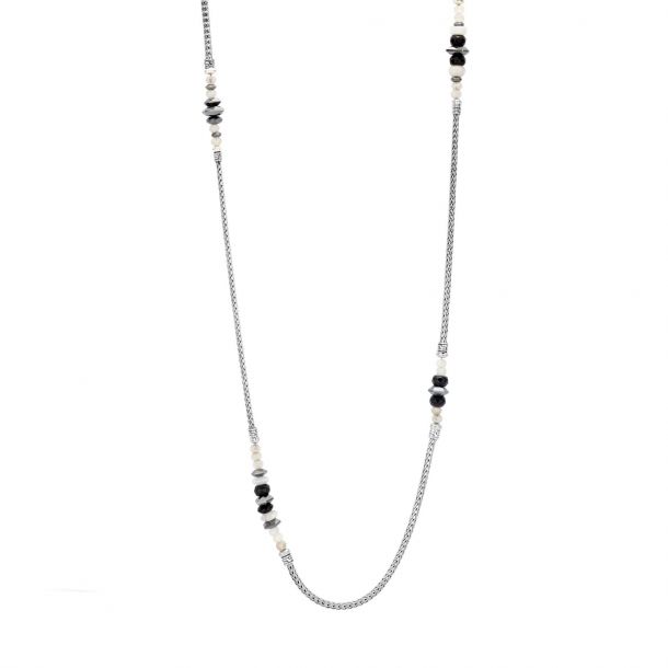 Classic Chain 36In Sterling Silver Moonstone, Hematite and Black Onyx Station Necklace Necklaces John Hardy