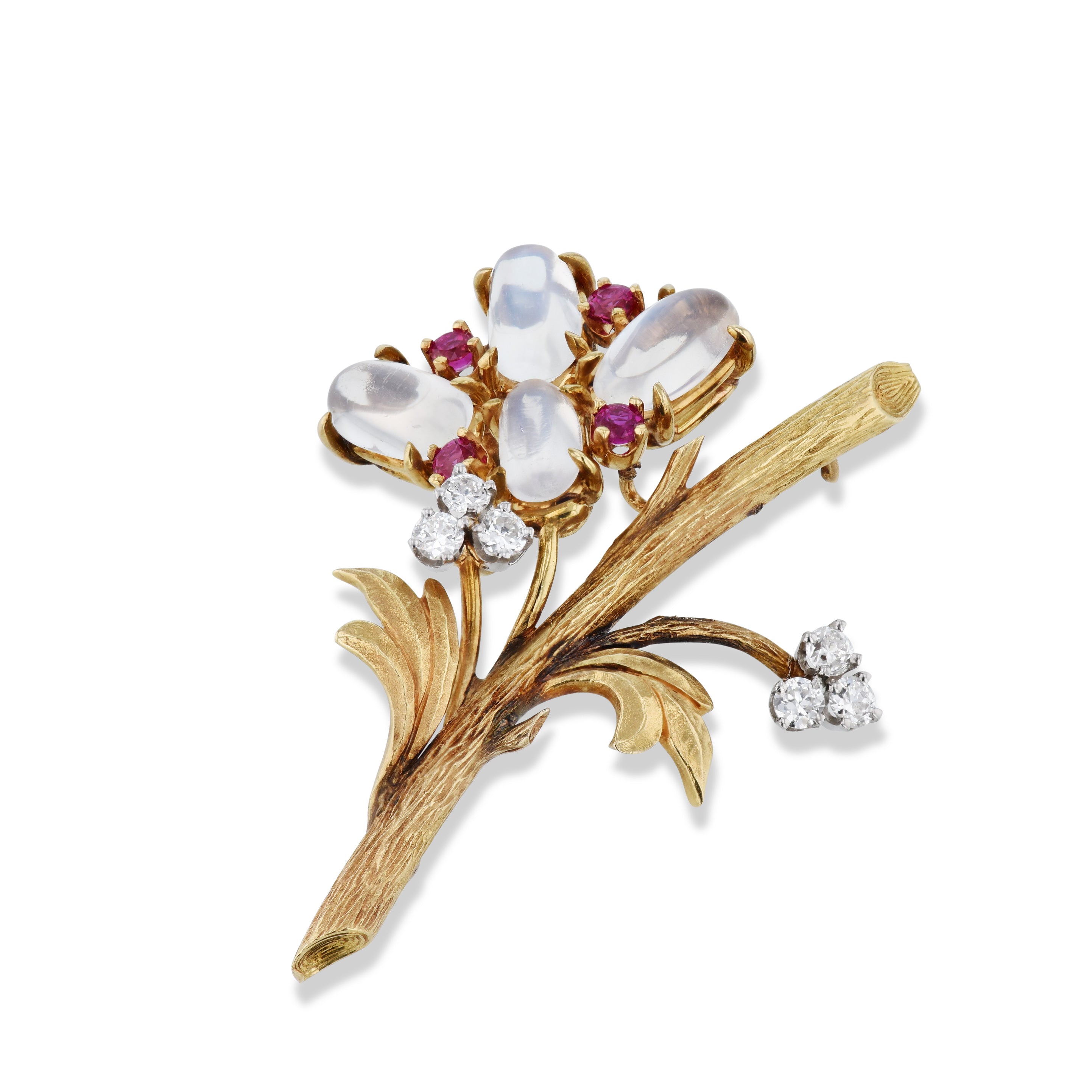 Yellow Gold Diamond Moonstone Ruby Flower Estate Brooch Brooches Estate &amp; Vintage