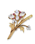 Yellow Gold Diamond Moonstone Ruby Flower Estate Brooch Brooches Estate & Vintage