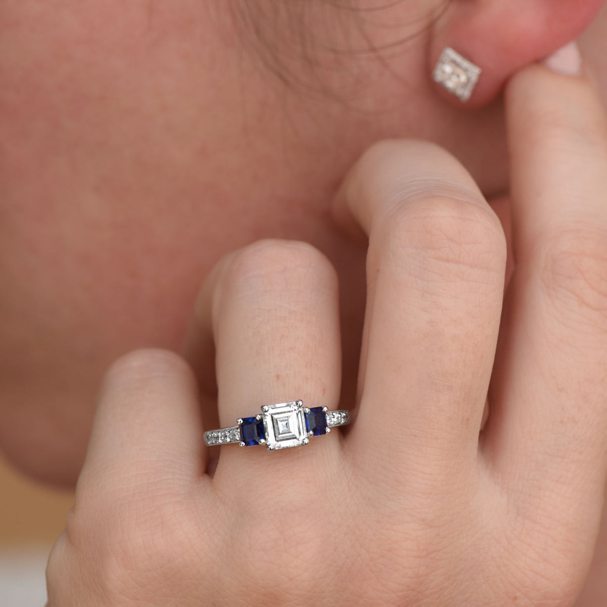 1.02ct Emerald Cut Diamond Engagement Ring with Sapphire Side Stones - Alternate View 3