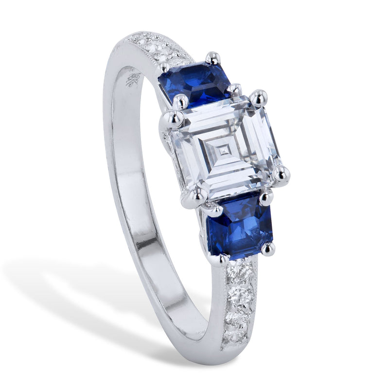 1.02ct Emerald Cut Diamond Engagement Ring with Sapphire Side Stones Engagement Rings H&H Jewels