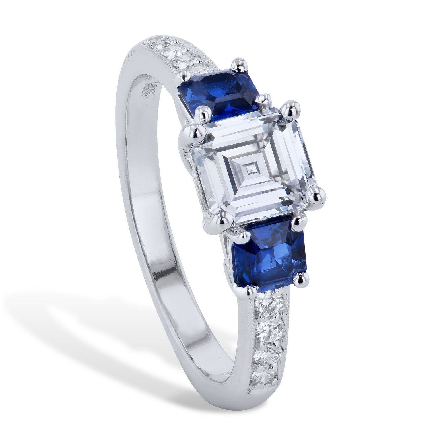 1.02ct Emerald Cut Diamond Engagement Ring with Sapphire Side Stones Engagement Rings H&amp;H Jewels