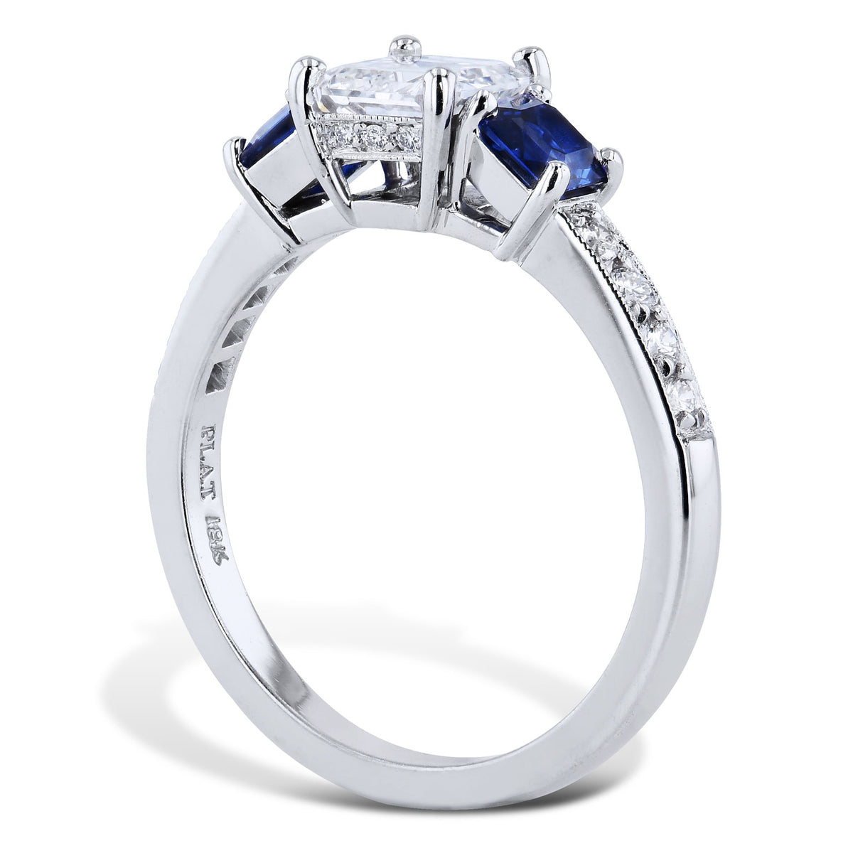 1.02ct Emerald Cut Diamond Engagement Ring with Sapphire Side Stones - Alternate View 2