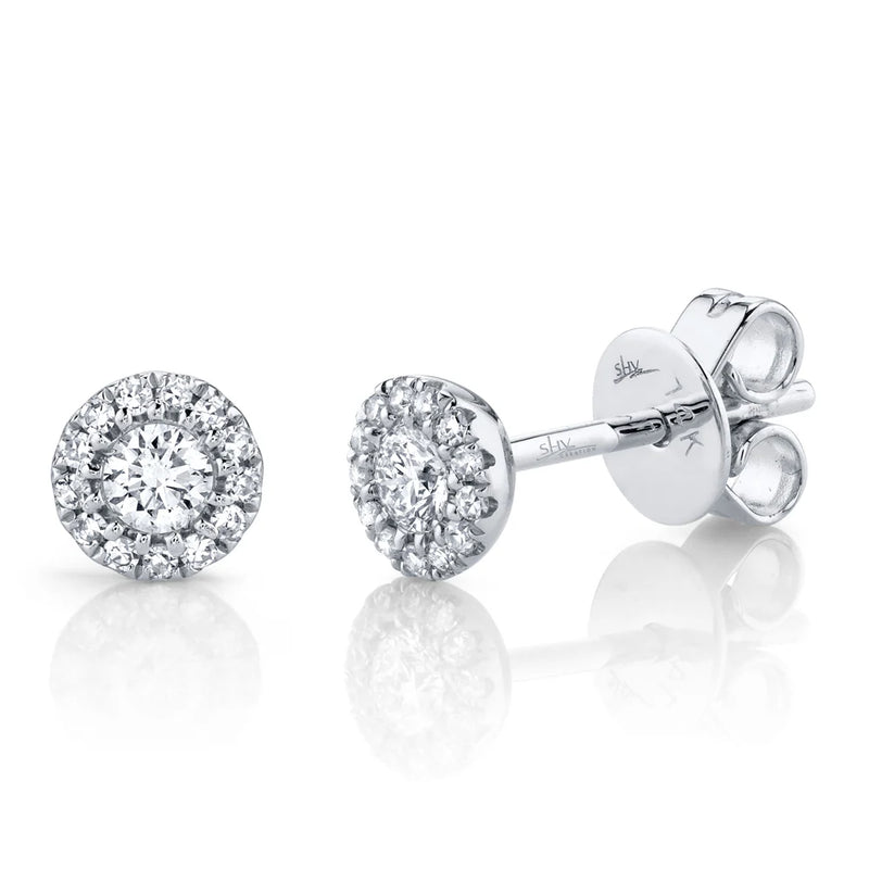 14kt White Gold Diamond Halo Studs Earrings Shy Creation